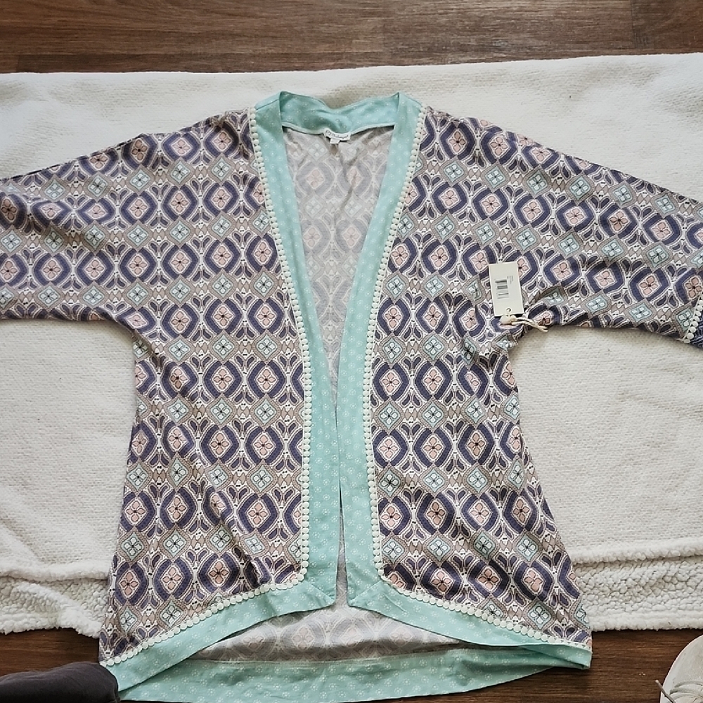 NWT P.J. Salvage Mint Geometric Lace Trim Kimono Robe Sz M/L Swimsuit Cover-up
